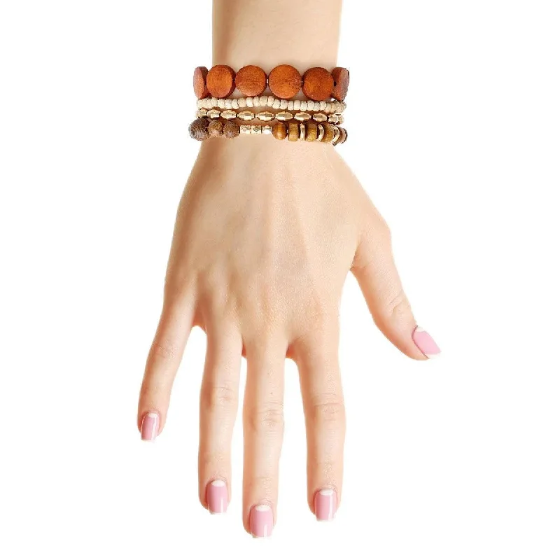 women’s leather and stone bracelet-Unleash the Earthy Elegance: Brown Wooden Beads 4 Pcs Stretch Bracelet Set