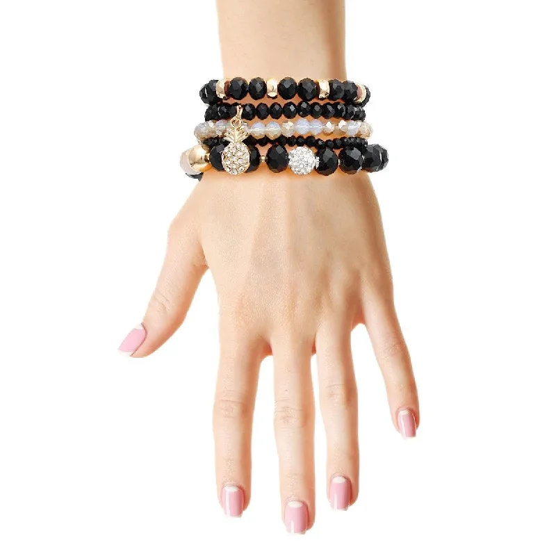 trendy charm bracelet for girls-Black and Gold Bead Stretch Bracelet Set with Pineapple Charm