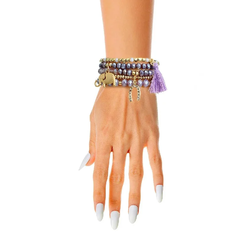 hand-woven leather cord bracelet-Stylish Purple & Gold Beaded Bracelets + Charms: Must-Have Accessories