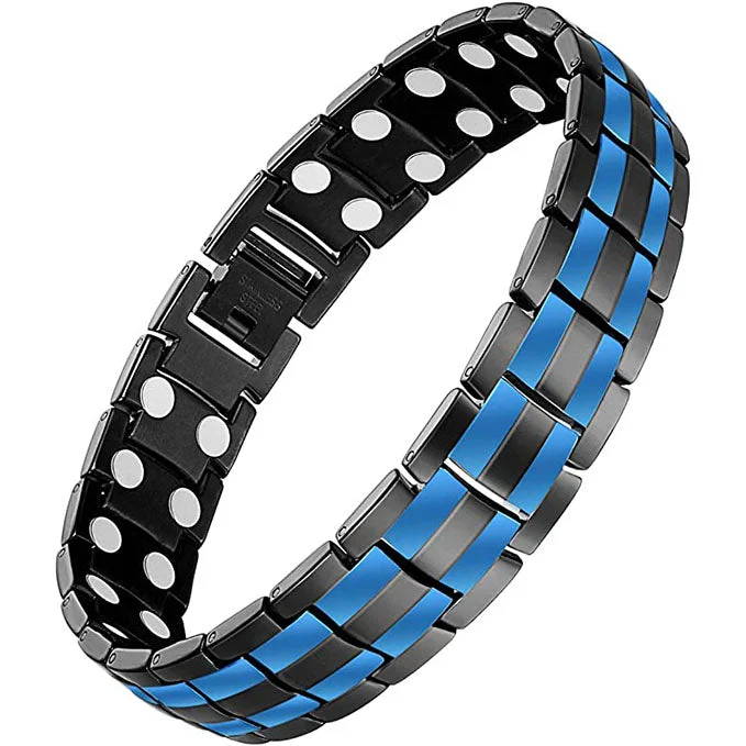 simple leather charm bracelet for women-Black & 2 Blue Line Double Row Magnets Titanium Steel Magnetic Bracelet