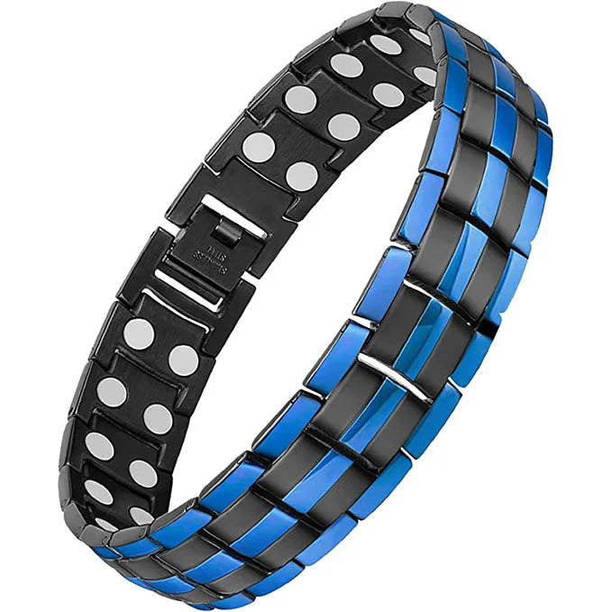 women's leather bracelet with crystals-Black & 3 Blue Line Double Row Magnets Titanium Steel Magnetic Bracelet