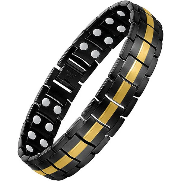 handmade rope bracelet for men-Black & Gold Double Row Magnets Titanium Steel Magnetic Bracelet