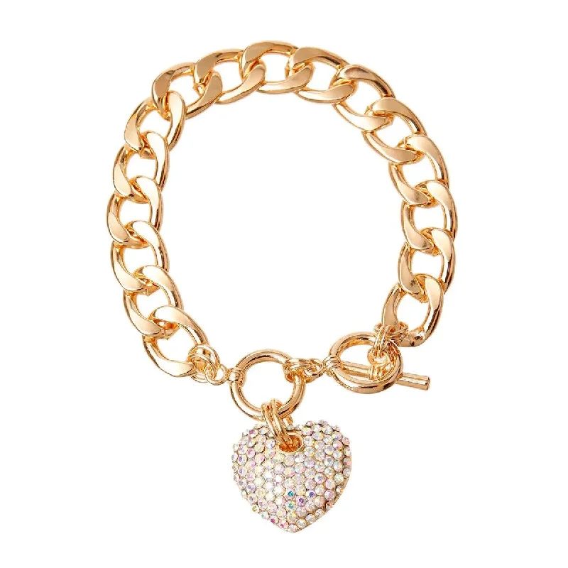 luxury silver rope bracelet-Gold Plated Link Chain Bracelet Aurora Borealis Heart Charm