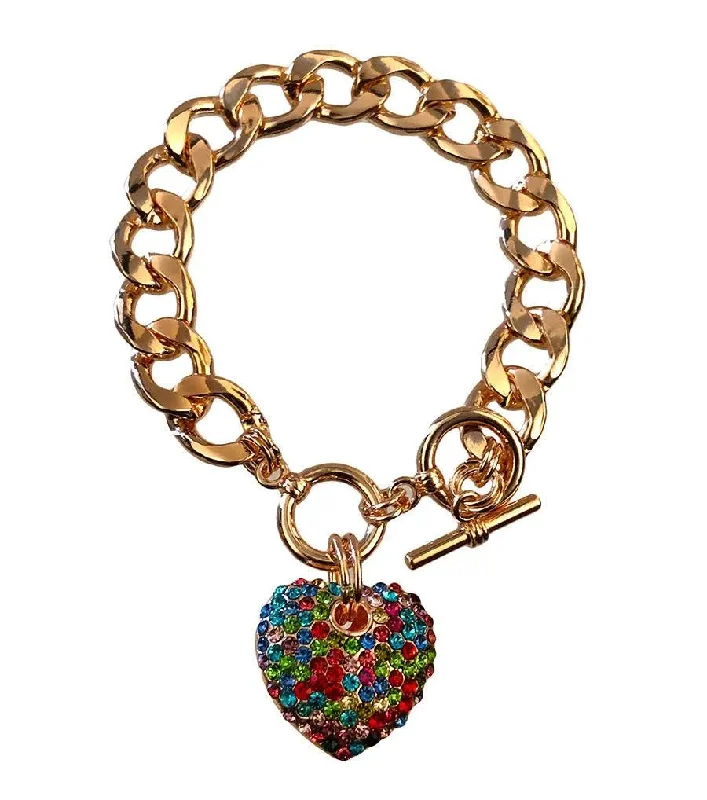 custom gemstone bracelet for women-Yellow Gold Plated Link Chain Bracelet Multicolor Heart Charm