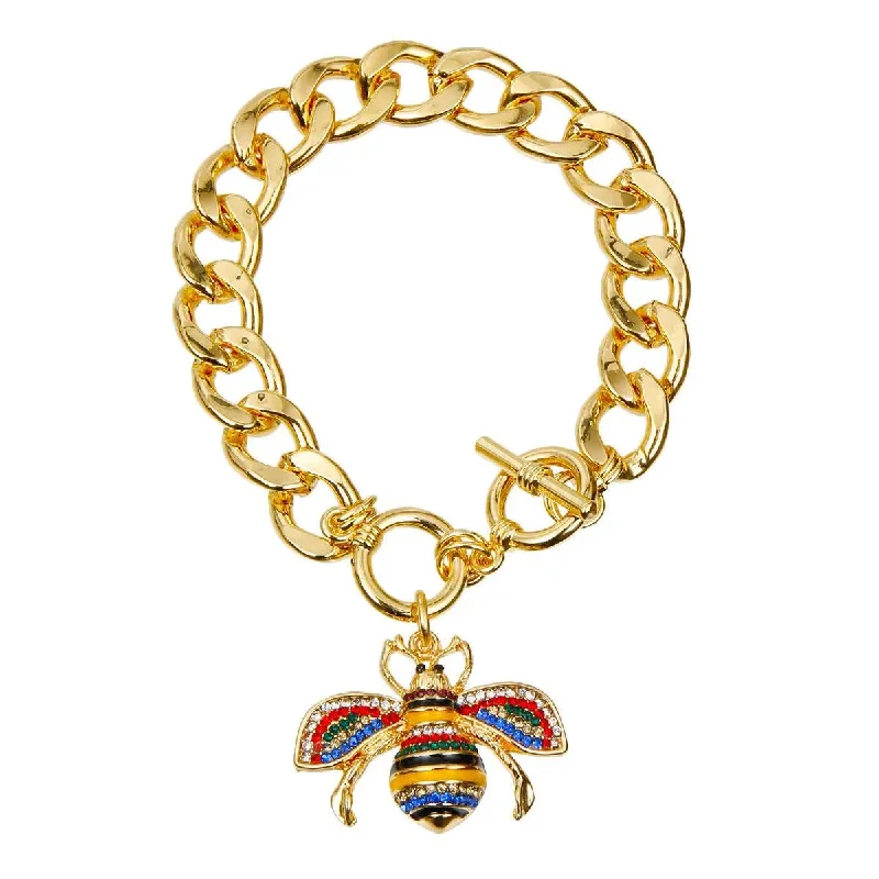 trendy charm bracelet for girls-Cute Multicolor Bee Bracelet Gold-tone Link Chain