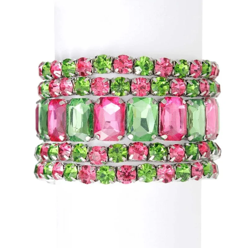 adjustable chain bracelet for women-Pink and Green Acrylic Bracelets Silver Tone