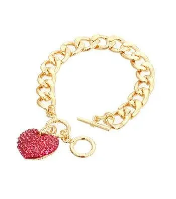 vintage silver chain bracelet-Yellow Gold Plated Link Chain Bracelet Pink Heart Charm