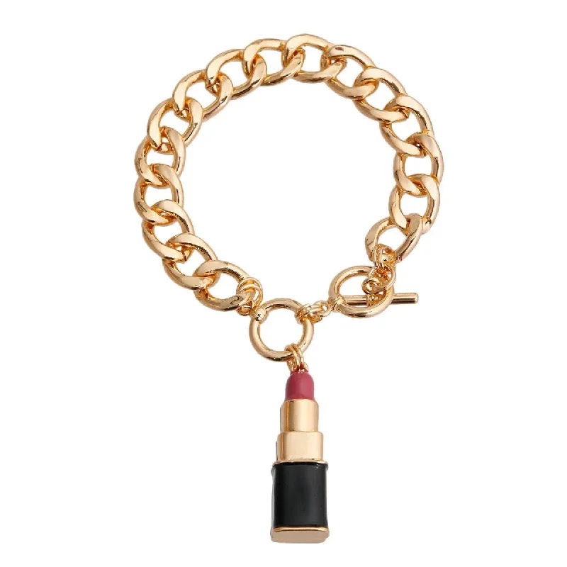 silver charm bracelet with initials-Make a Statement with Our Link Gold Tone Chain Toggle Clasp Bracelet Pink Lipstick