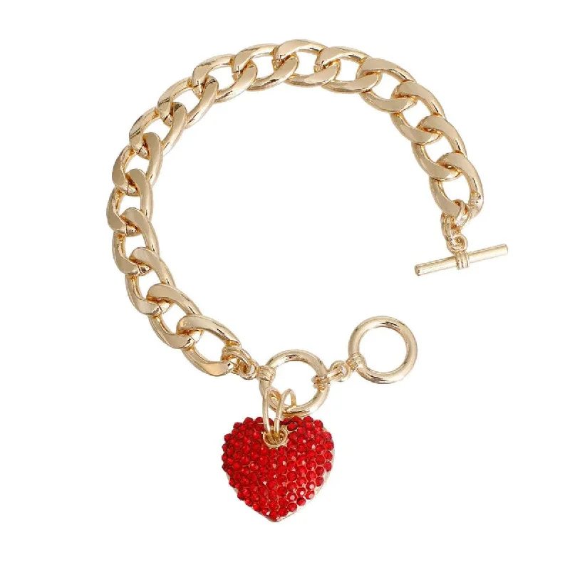 personalized gold charm bracelet for men-Yellow Gold Plated Link Chain Bracelet Red Heart Charm