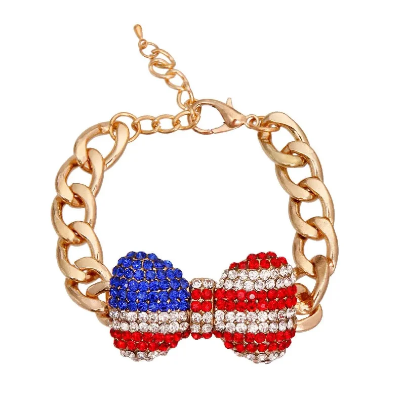 crystal charm bracelet for couples-Bracelet with a Patriotic Bow and Gold Tone Chain