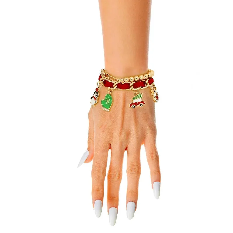 braided leather bracelet with beads-Deck the Halls with Our Festive Red Christmas Charms Bracelet Set - Order Today