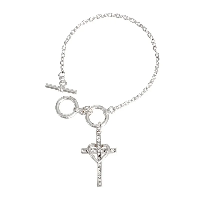 silver bracelet with charms for women-Silver Plated Bracelet Heart Cross Charm