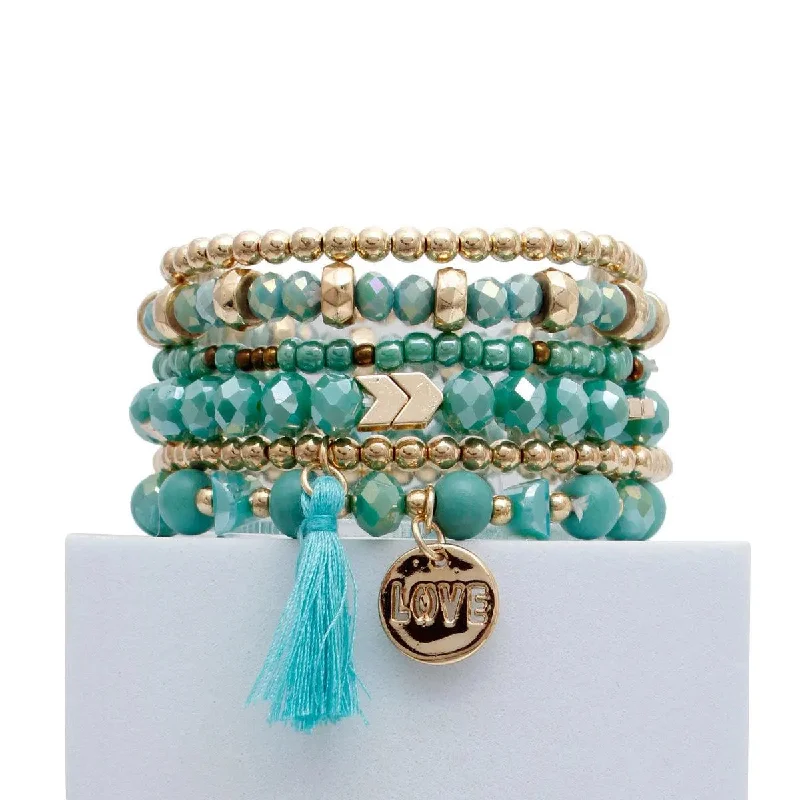 trendy beaded bangle bracelet-Turquoise-blue Stretch Bracelet Set Tassel Love Charm