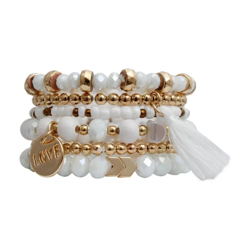 pearl stretch bracelet for women-White Stretch Bracelet Set Tassel Love Charm