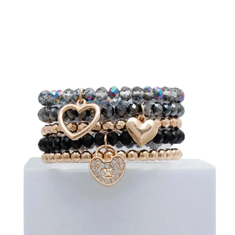 engraved friendship bracelet for girls-Black and Gold Tone Heart Charm Bracelet Set