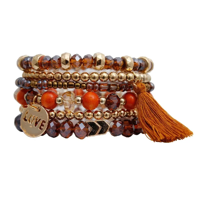 minimalist bracelet with crystal-Brown Stretch Bracelet Set Tassel Love Charm