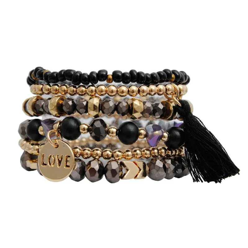 adjustable gemstone bracelet for women-Black Stretch Bracelet Set Tassel Love Charm