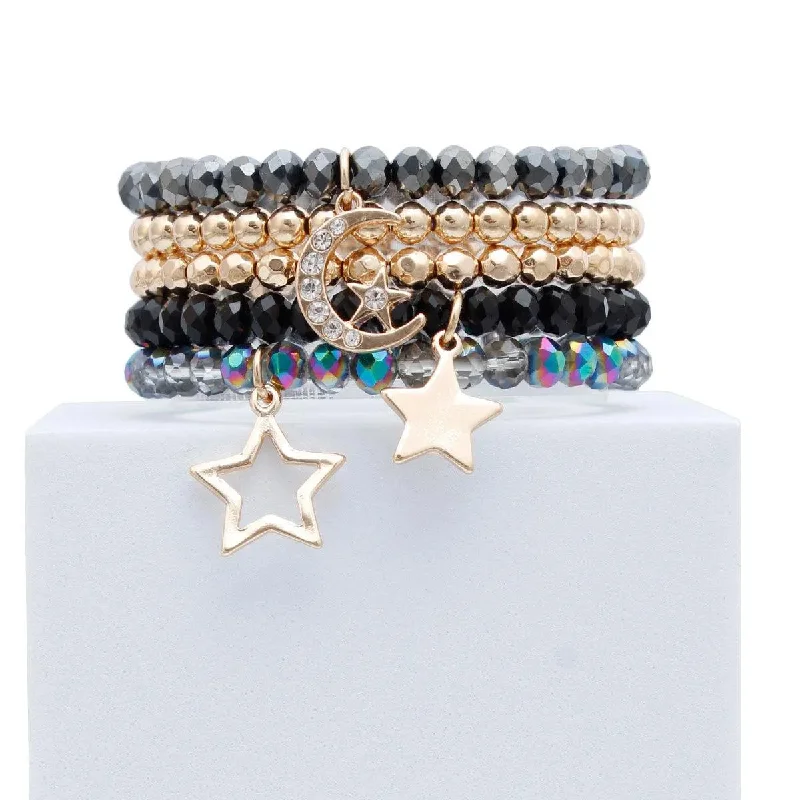 luxury beaded chain bracelet-Black Glass and Gold Tone Star Charms Bracelet Set