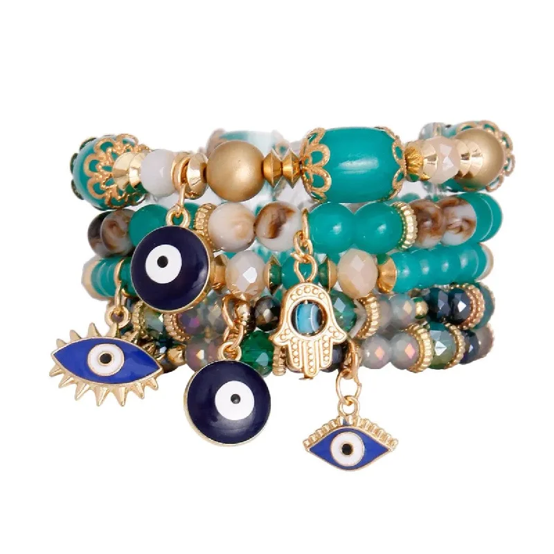 multi-layer leather bracelet-Turquoise Glass Stack Bracelets Hamsa Hand Evil Eye Charm