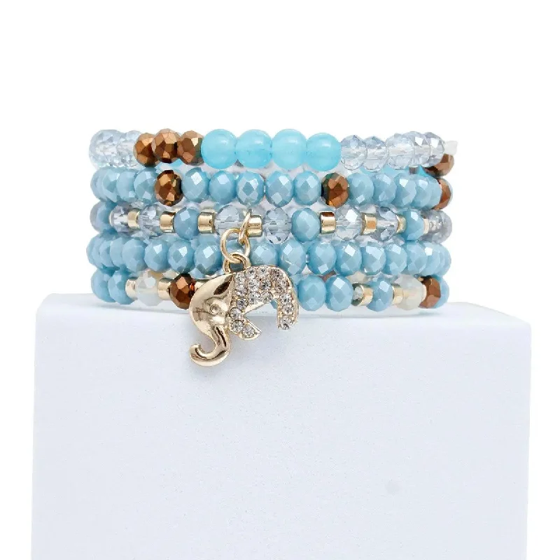 bohemian silver bracelet-Light Blue Bead Bracelet Set Elephant Charm