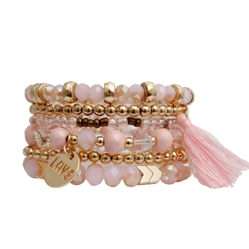 vintage gold bracelet-Light Pink Stretch Bracelet Set Tassel Love Charm