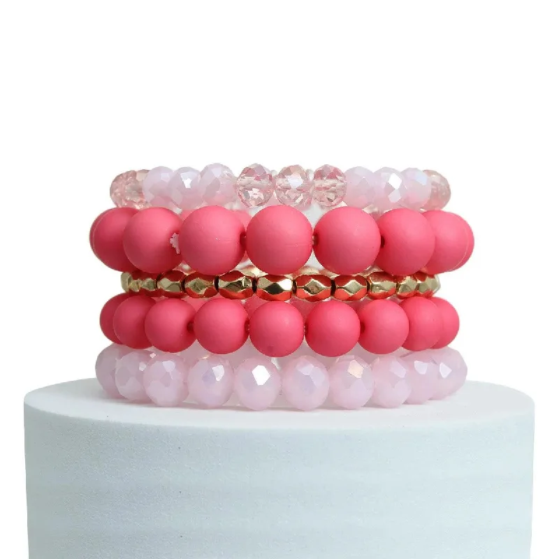 colorful woven leather bracelet-Matte Pink Ball and Faceted Stackable Bracelets