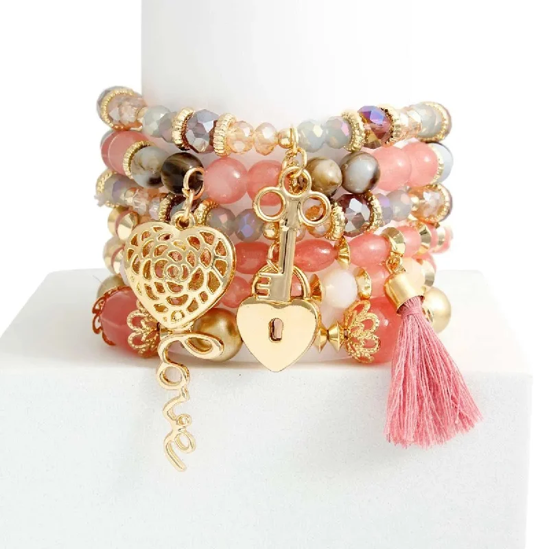 colorful charm bracelet for teens-Mauve Stretch Bracelet Set Love Charms Including Heart, Key and Lock