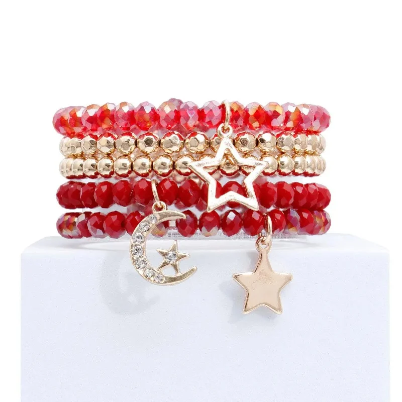 minimalist silver bracelet for women-Red Glass and Gold Tone Star Charms Bracelet Set