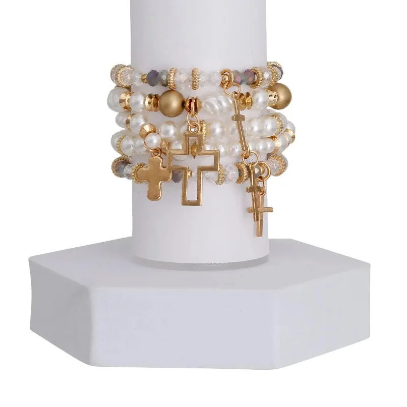 multicolored stone bracelet for men-Stunning Cream Pearl Bead Cross Bracelets: Shop the Perfect Accessory Now!