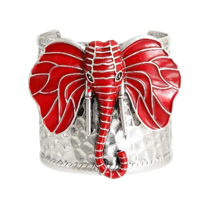 custom silver bracelet for couples-Stunning Red Elephant Head Cuff Bracelet – Must-Have Accessory