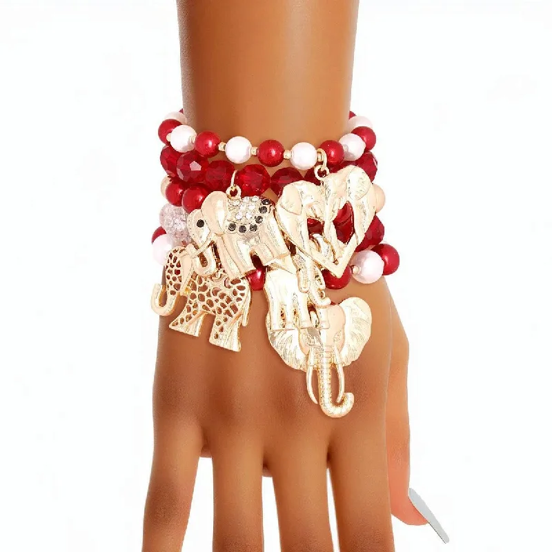 silver heart bracelet for her-Red & White Elephant Charm Bracelet Set (5pcs)