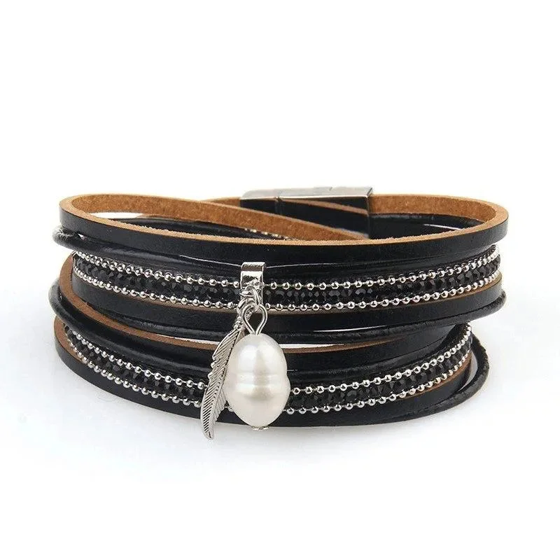 men's leather bracelet with metal plate-Boho Multi-strand Embellished Pearl Charm Bracelet