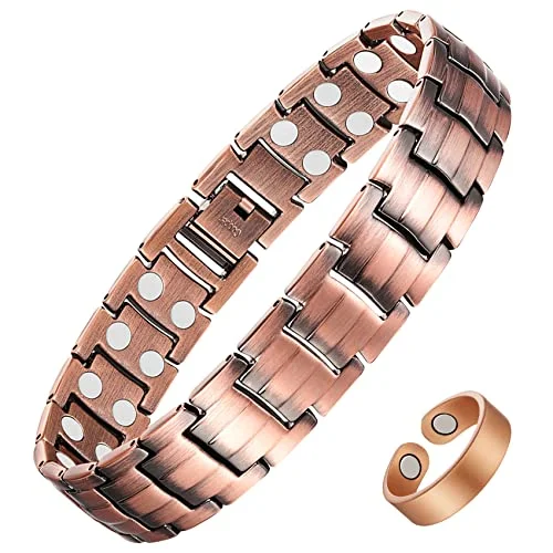 vintage silver charm bracelet-Ultra Strength Pure Copper Men's Magnetic Bracelet+Ring