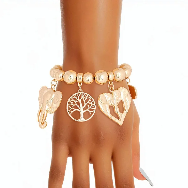 healing stone bracelet for women-Stylish Gold Tone Stretch Bracelet: Never Forget with Elephants