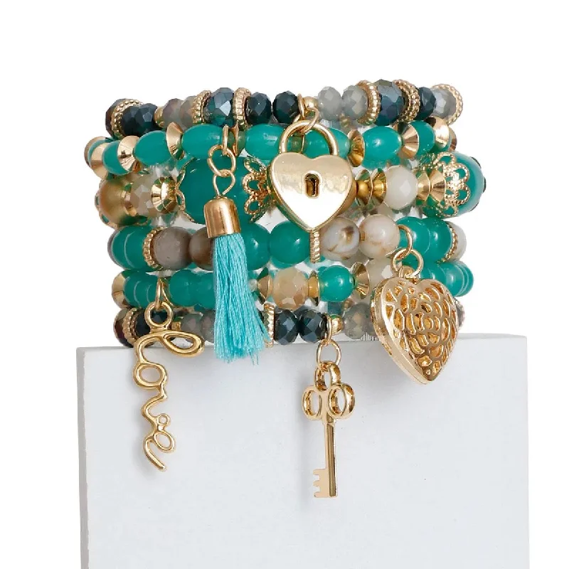 adjustable bangle bracelet with charms-Green Beaded Bracelets with Gold Finish Charms - Perfect for Any Occasion