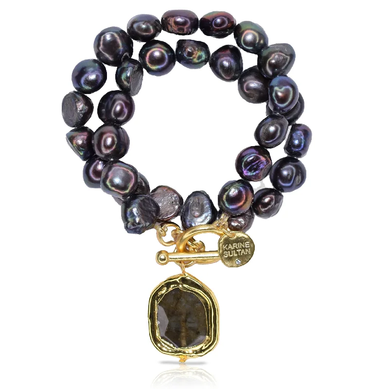 luxurious gold charm bracelet-Peacock Pearl Statement Bracelet