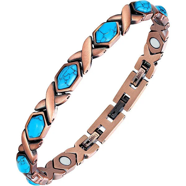 minimalist silver bracelet for women-Blue Natural Turquoise Pure Copper Magnetic Therapy Bracelets