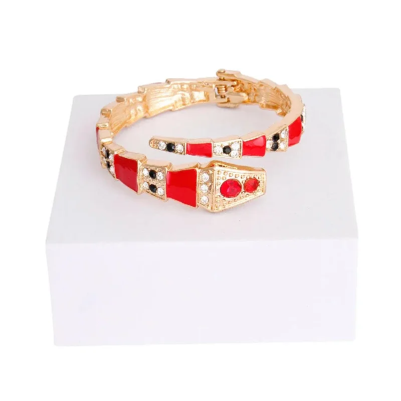 multi-colored charm bracelet for men-Snake Wrap Cuff Bracelet in Red and Gold Color