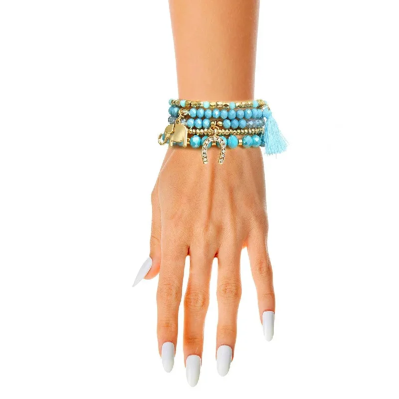 women's leather bracelet with crystals-Find Your Perfect Blue Gold Beaded Stretch Bracelets: Chic Charms Await!