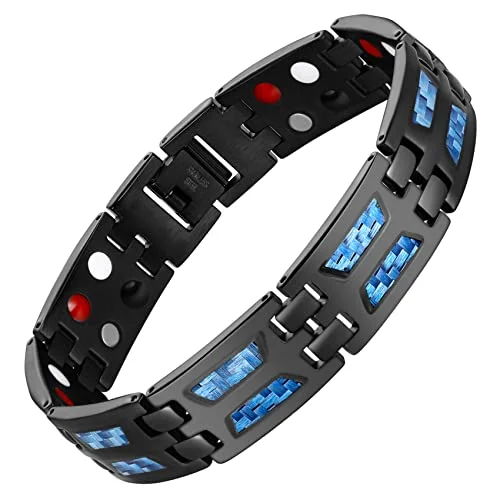 custom birthstone leather bracelet-Unique Blue Carbon Fiber Titanium Steel Magnetic Bracelet for Men