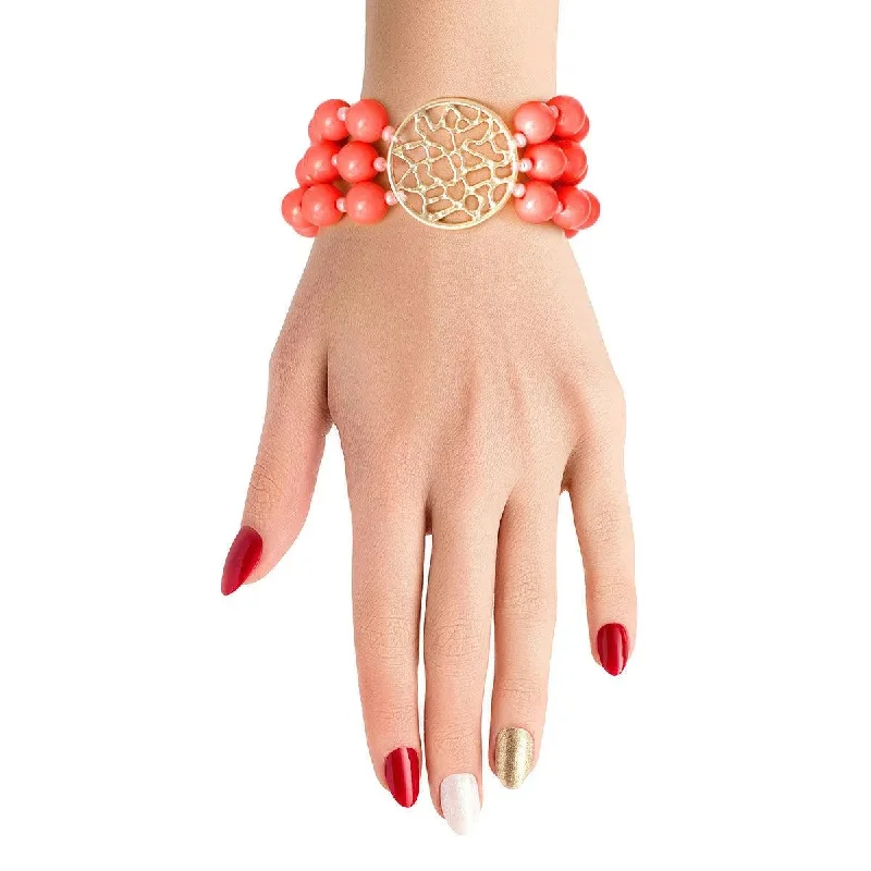 multi-layer leather bracelet-Women's Coral Beaded Bracelet with Gold Medallion: Elevate Your Style