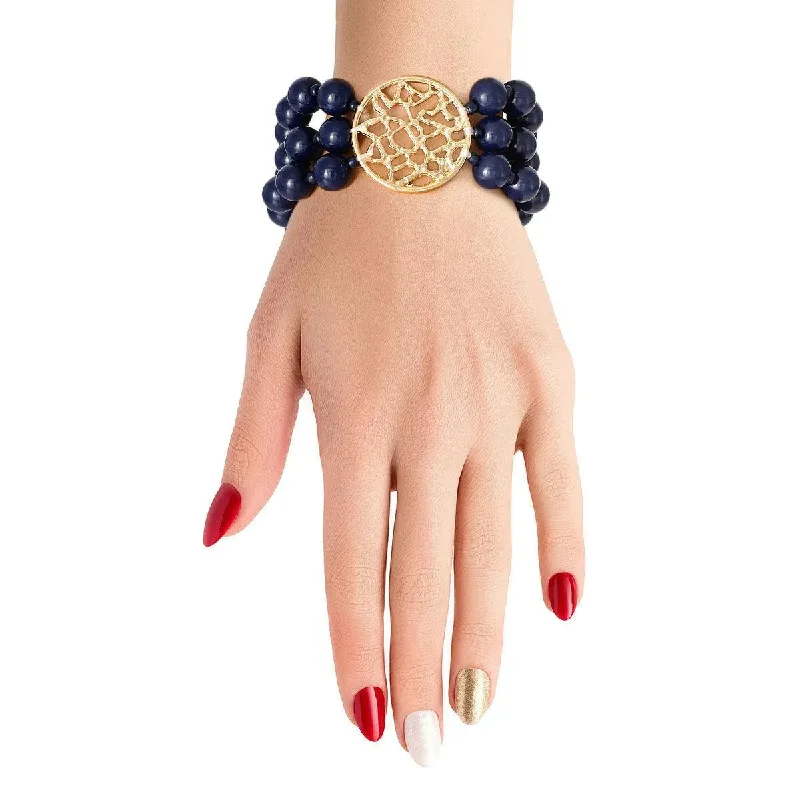 colorful charm bracelet for teens-Women's Navy Beaded Bracelet and Gold Medallion: Unleash Your Glamour