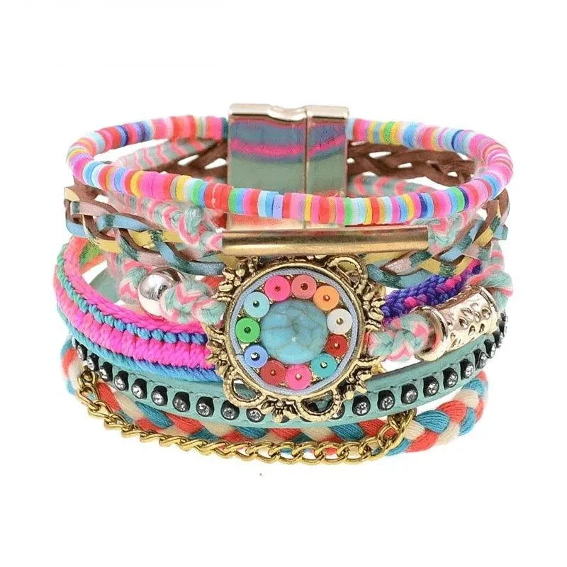 stretchy crystal bracelet for women-Bohemia Vegan Leather Colorful Woven Charm Bracelets