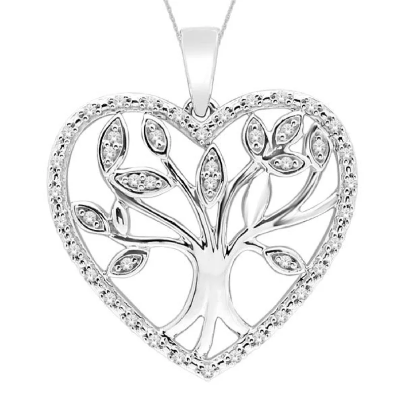 long gemstone necklace for women-1/10 CTW Diamond Tree of Life 18-inch Pendant in Sterling Silver