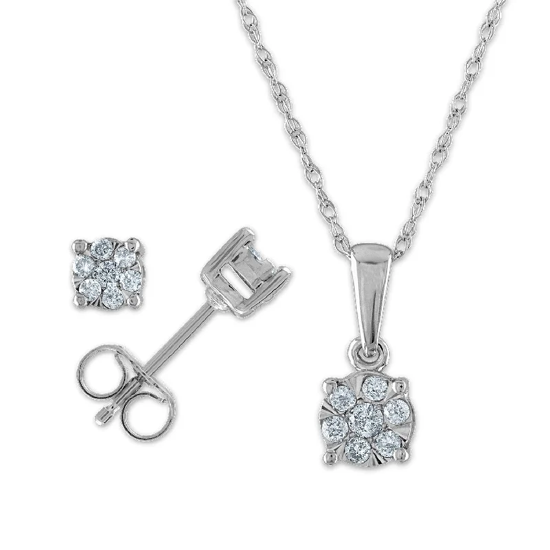 simple initial pendant necklace for men-1/4 CTW Diamond Cluster Box Set Earring 18-inch Pendant in 10KT White Gold