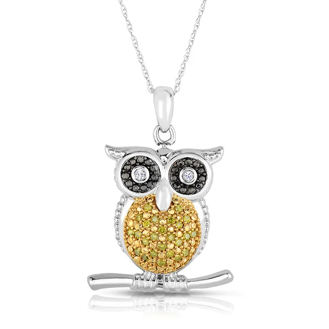 silver and gold pendant necklace-1/8 CTW Diamond Owl 18-inch Pendant in Sterling Silver