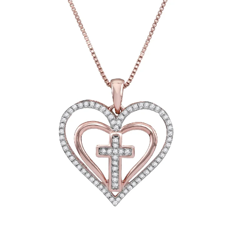 simple gold bar necklace for women-10KT Rose Gold 1/5 CTW Diamond 18-inch Cross Heart Pendant