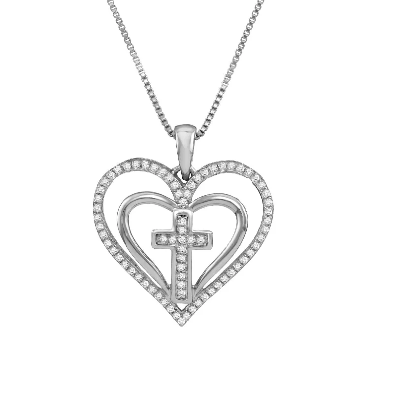 dainty silver heart choker necklace-10KT White Gold 1/5 CTW 18-inch Cross Heart Pendant