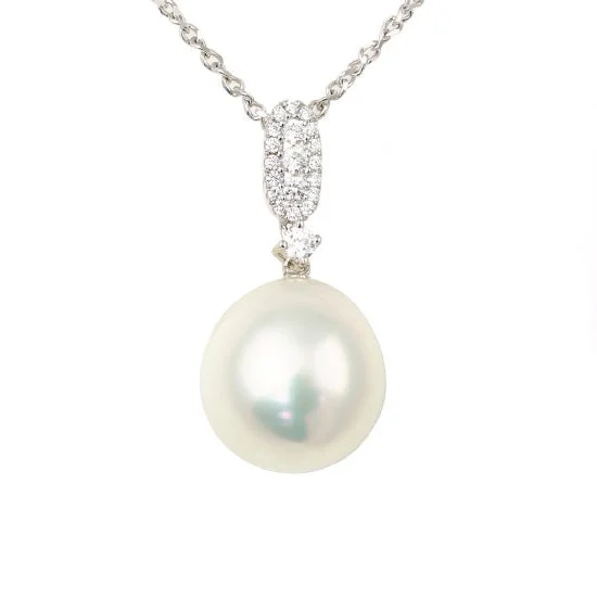 crystal teardrop pendant for necklace-12MM Round Pearl and Diamond 18-inch Pendant in 14KT White Gold