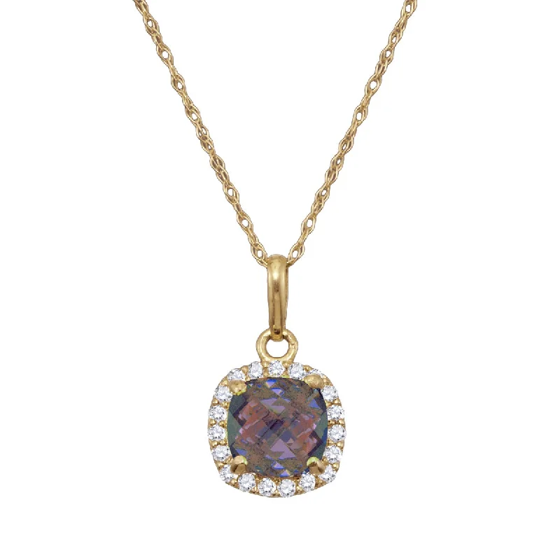 elegant silver pendant for women-6MM Cushion Alexandrite and White Sapphire Birthstone Halo 18-inch Pendant in 10KT Yellow Gold